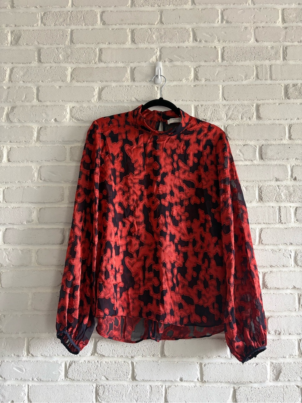 Babaton Red and Black Semi-Sheer Long-Sleeve Blouse, Size Large